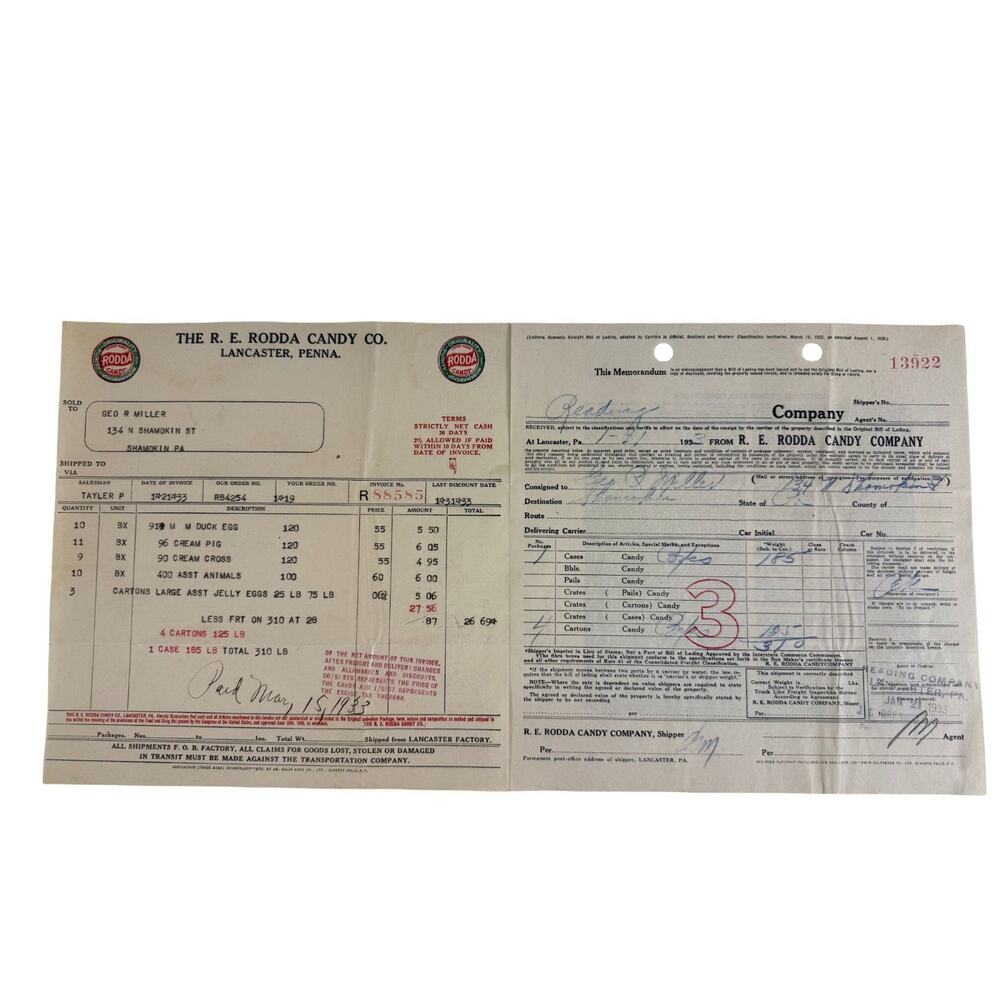 1933 R E Rodda Candy‎ Co Lancaster PA Chocolate Receipts Letterhead Ephemera Lot